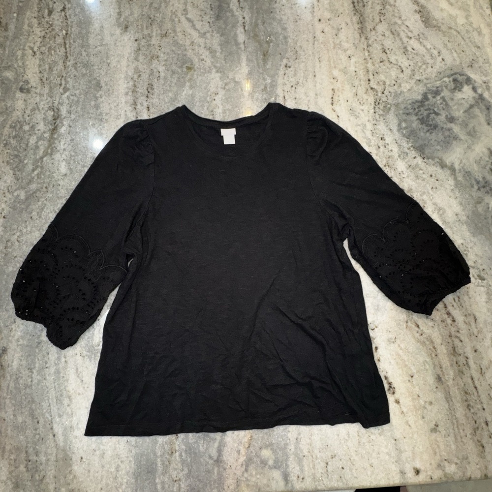 Chicos Size 3 XL Black Blouse 3/4 Puff Sleeve Eyelet Career Boho Beach Casual